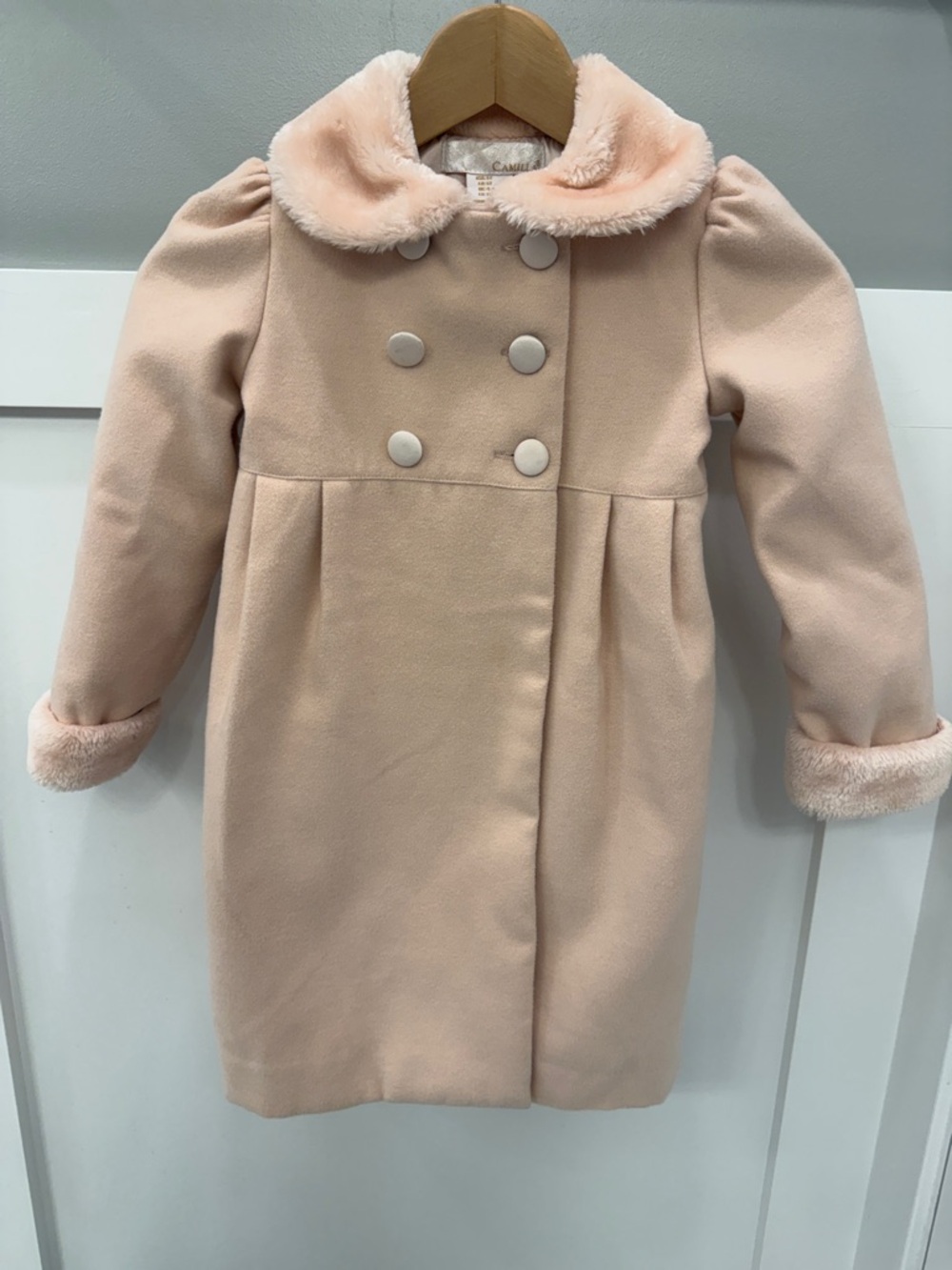 Camilla Girls Pale Blush Coat with Faux Fur Trim